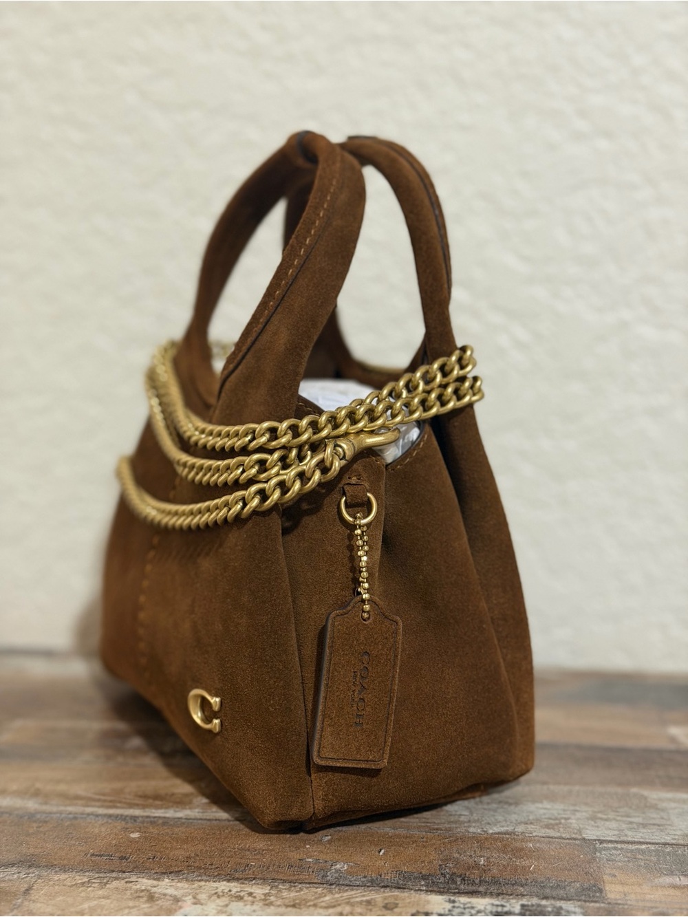 Coach Suede Lana 19 Bag in Brown with Gold Chain crossbody - Picture 2 of 5